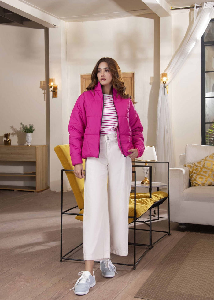 Women's pink puffer jacket with front zipper, long sleeves, waist length