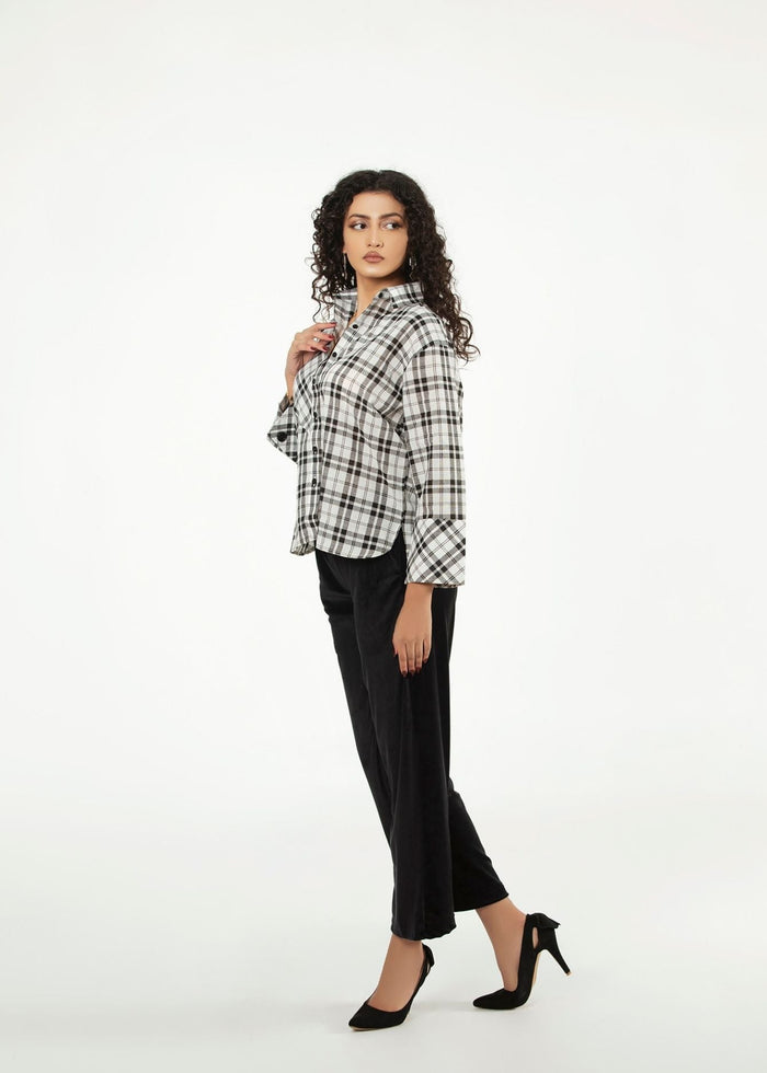 Women's winter black-and-white check button-up top with long sleeves