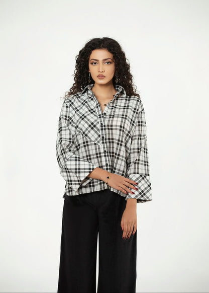 Women's black-and-white check button-up top, collared with button front