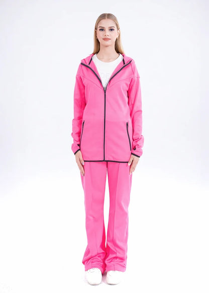 Women's pink winter jogging suit: zip hoodie jacket and matching track pants