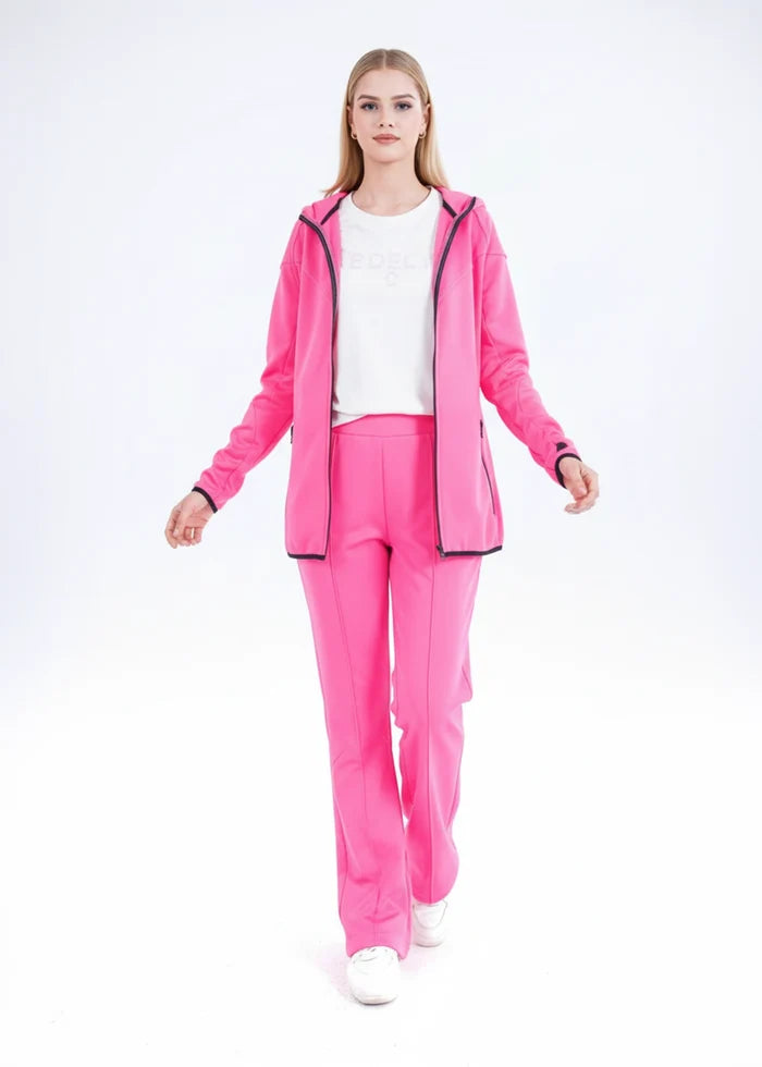 Pink jogging suit set with zip-up hood jacket and tapered track pants