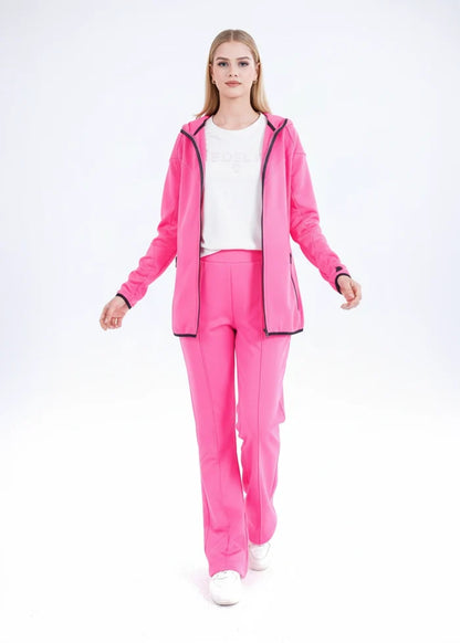 Pink jogging suit set with zip-up hood jacket and tapered track pants