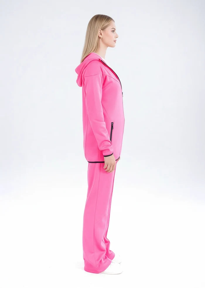 Pink zip hoodie jacket and matching track pants, side view