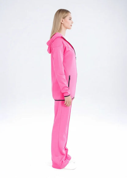 Pink zip hoodie jacket and matching track pants, side view