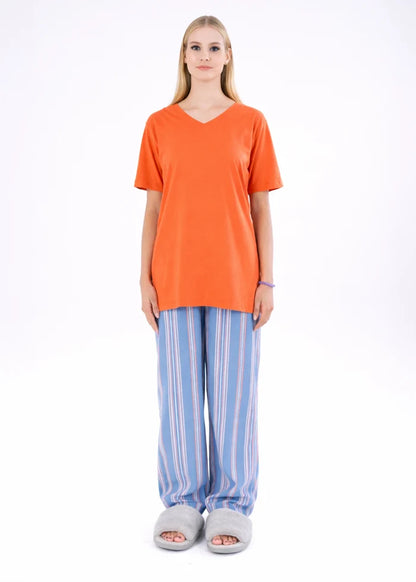 Women’s winter night suit with orange V-neck short-sleeve top and blue striped pants