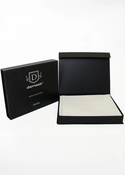 Off-white dobby fabric gift box set: black damask box with light insert