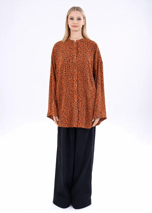 Rust printed long-sleeve winter western top with high neckline and button placket