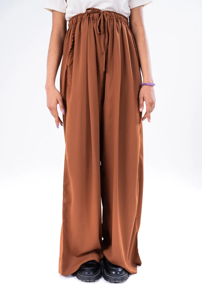 Brown pull-on winter trousers with elastic waistband, tie and wide leg