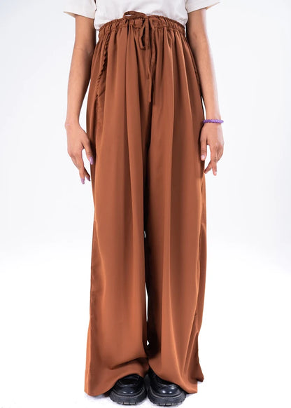 Brown pull-on winter trousers with elastic waistband, tie and wide leg