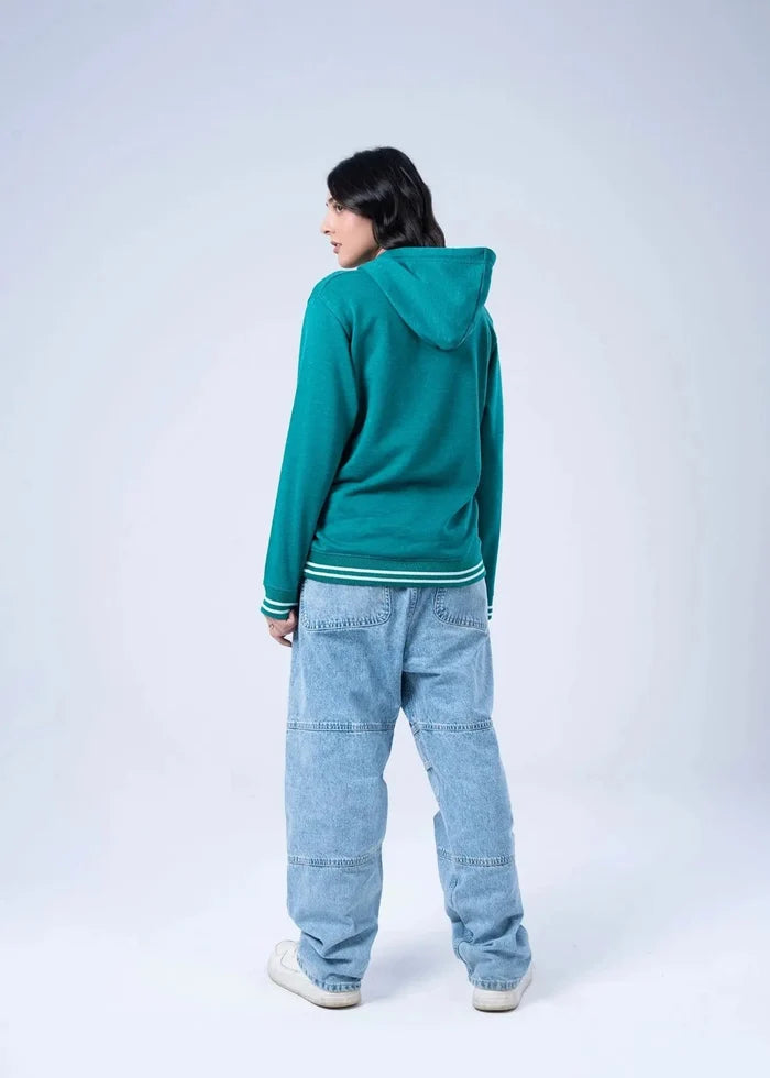 Women's teal terry hoodie with pullover hood, back view, striped cuffs and hem