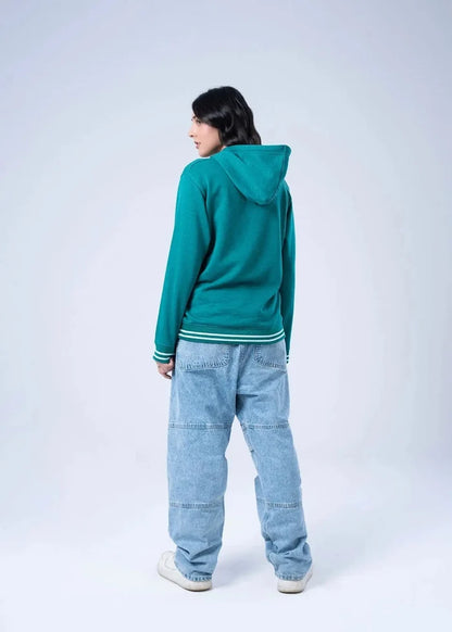 Women's teal terry hoodie with pullover hood, back view, striped cuffs and hem