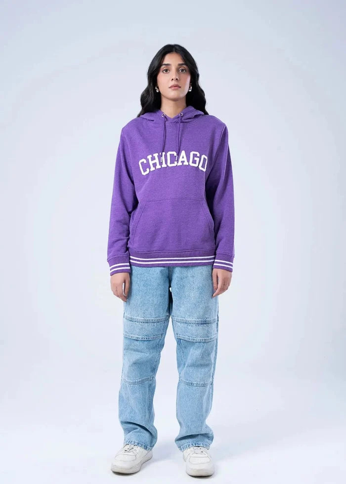 Women's purple pullover hoodie with Chicago front graphic