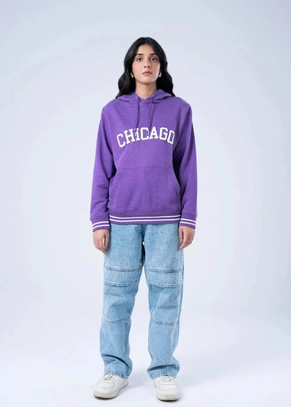 Women's purple pullover hoodie with Chicago front graphic