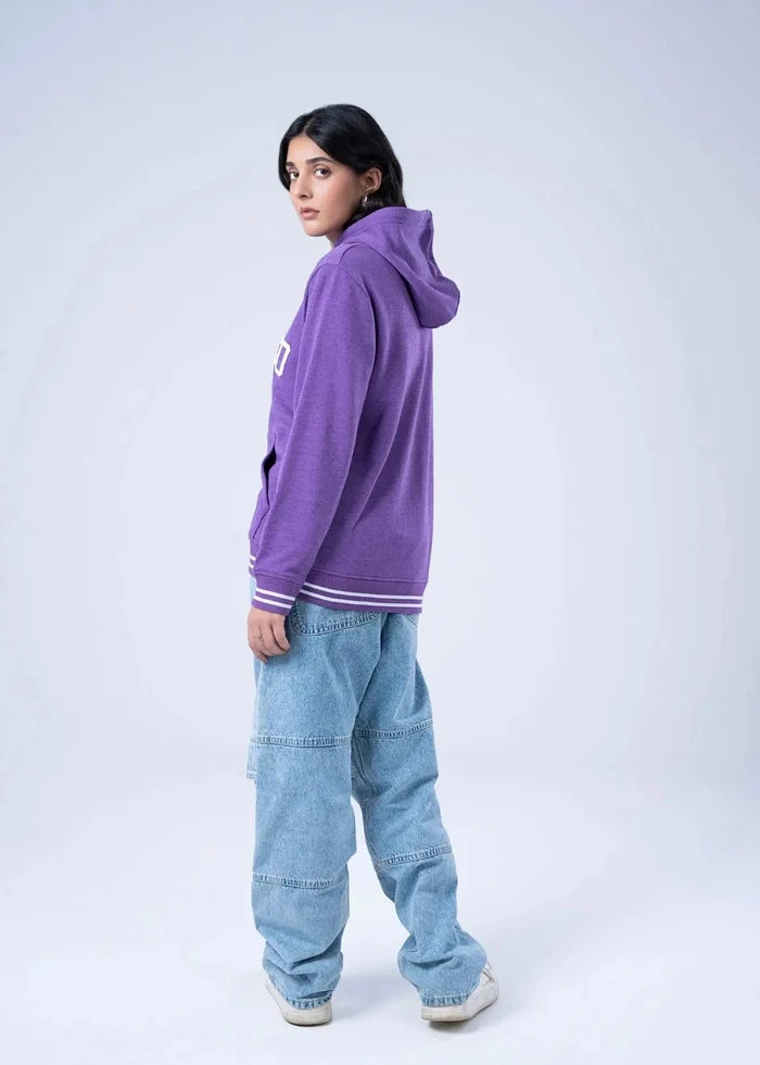Women's purple pullover hoodie with hood and Chicago print, side view