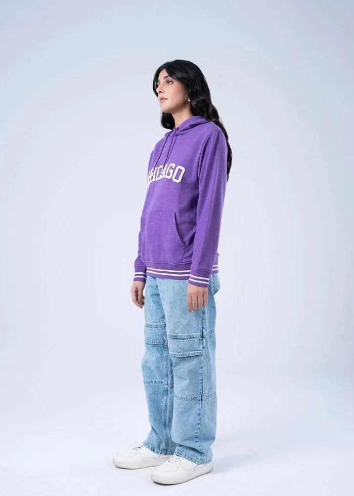 Women's purple pullover hoodie with Chicago graphic on back