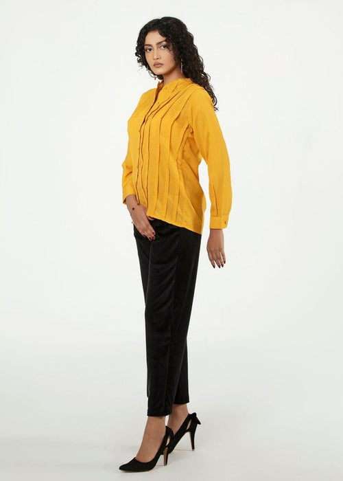 Women's mustard button-up winter shirt with stand collar and long sleeves