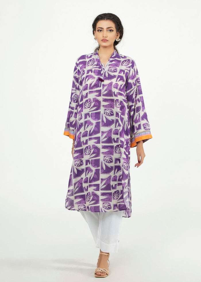 Purple patterned long shirt with stand collar, loose fit, orange-trim cuffs