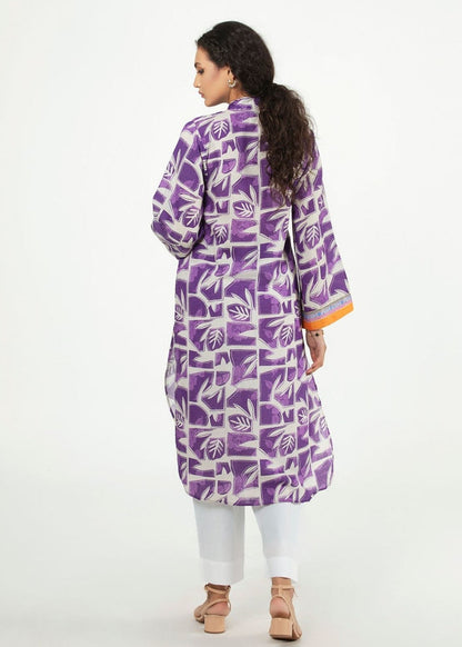 Purple patterned long shirt, rear view with orange-trim hem and long sleeves