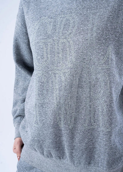 Heather grey terry sweatshirt with rhinestone-style 'LOVE' lettering
