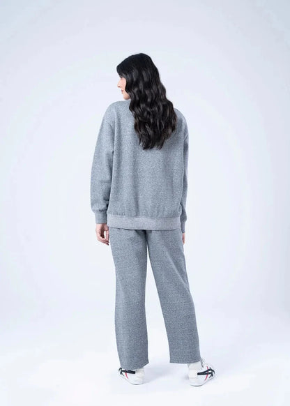 Women's heather grey terry sweatshirt, back view with crew neck and cuffs