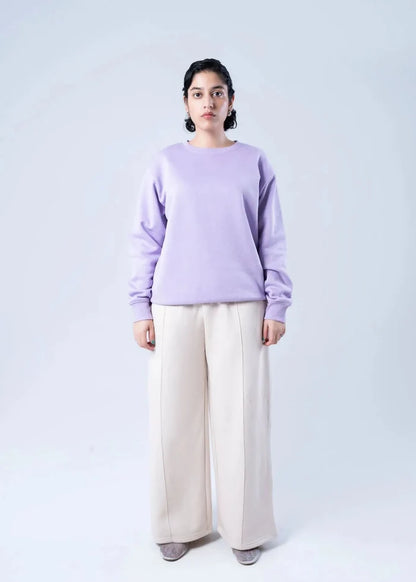 Women's lilac winter sweatshirt, front view with loose fit and ribbed hems