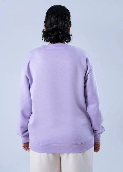 Women's lilac winter sweatshirt, back view with crew neck and ribbed cuffs