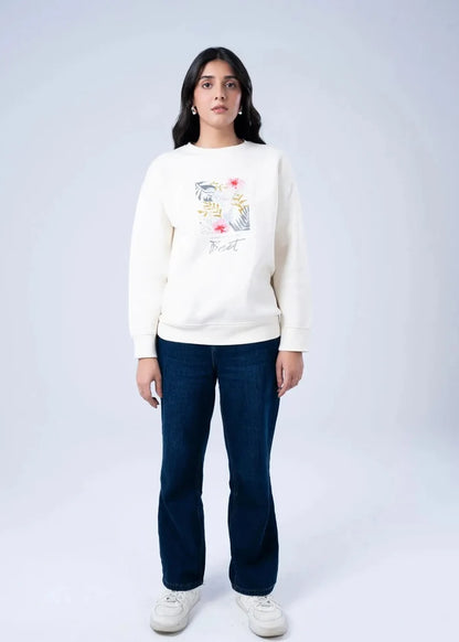 Women's stone terry sweatshirt with long sleeves and floral chest graphic