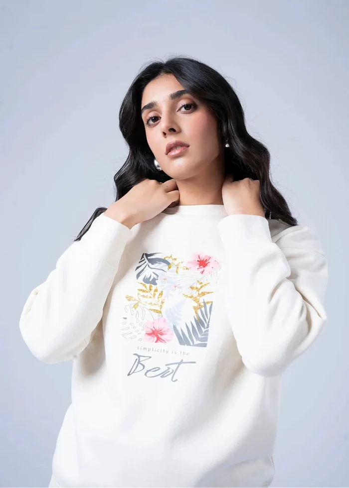 Women's stone terry sweatshirt front floral graphic and crew neckline