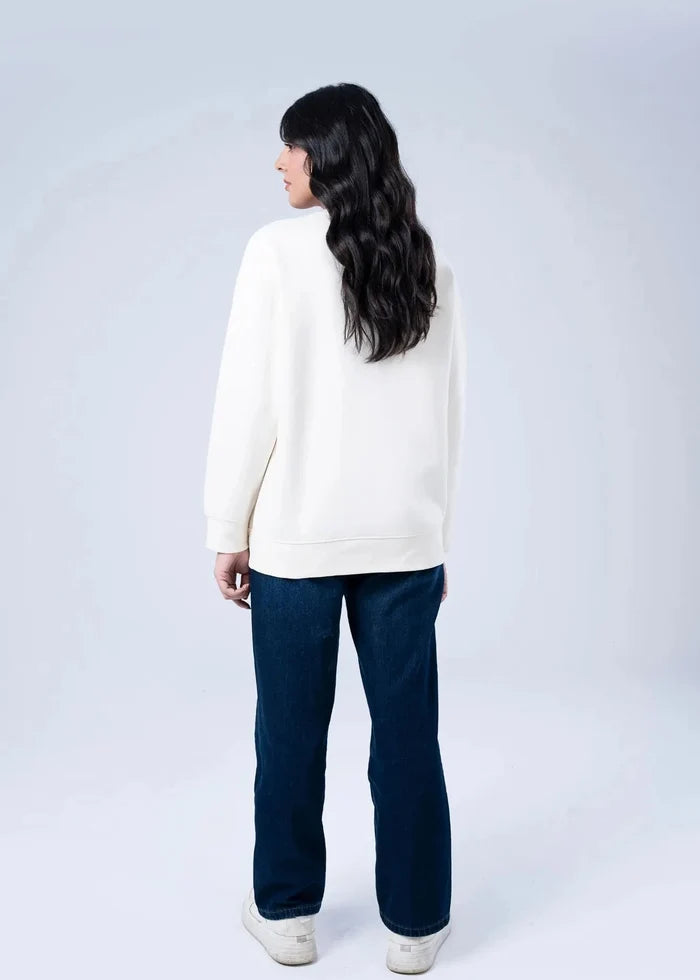 Women's stone terry sweatshirt with crew back and floral text graphic