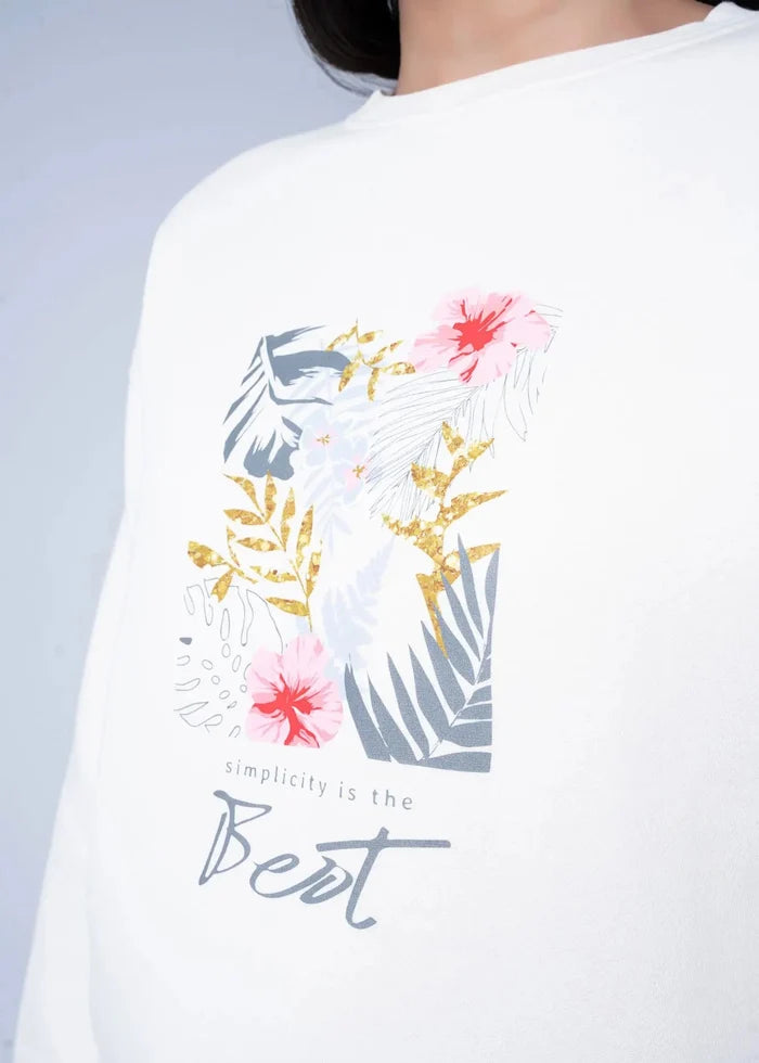Women's stone terry sweatshirt back close-up of floral and 'Best' text