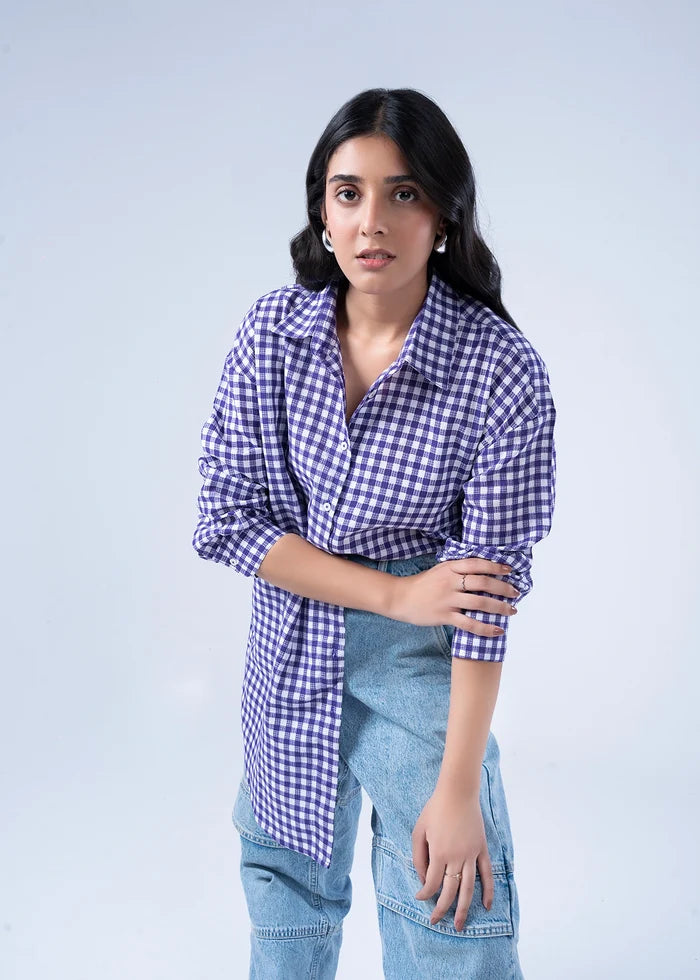 Women’s purple-and-white check button-up top with long sleeves and collared neckline