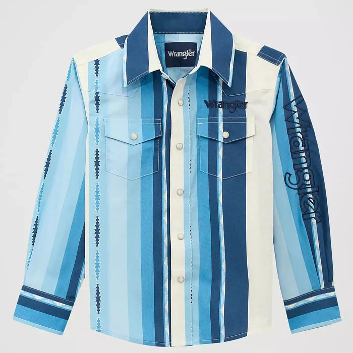 Wrangler Boy's L/S Logo Stripes Western Snap Shirt in Blue Clouds