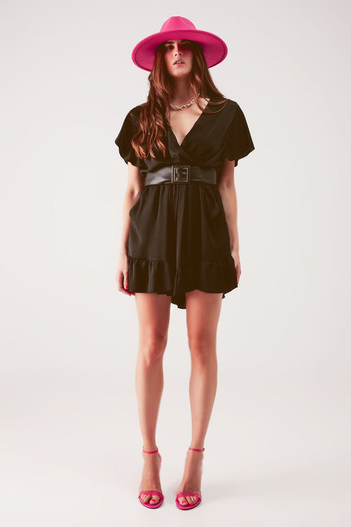 Wrap front frill hem jumpsuit in black