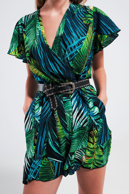 Wrap jumpsuit in green tropical print
