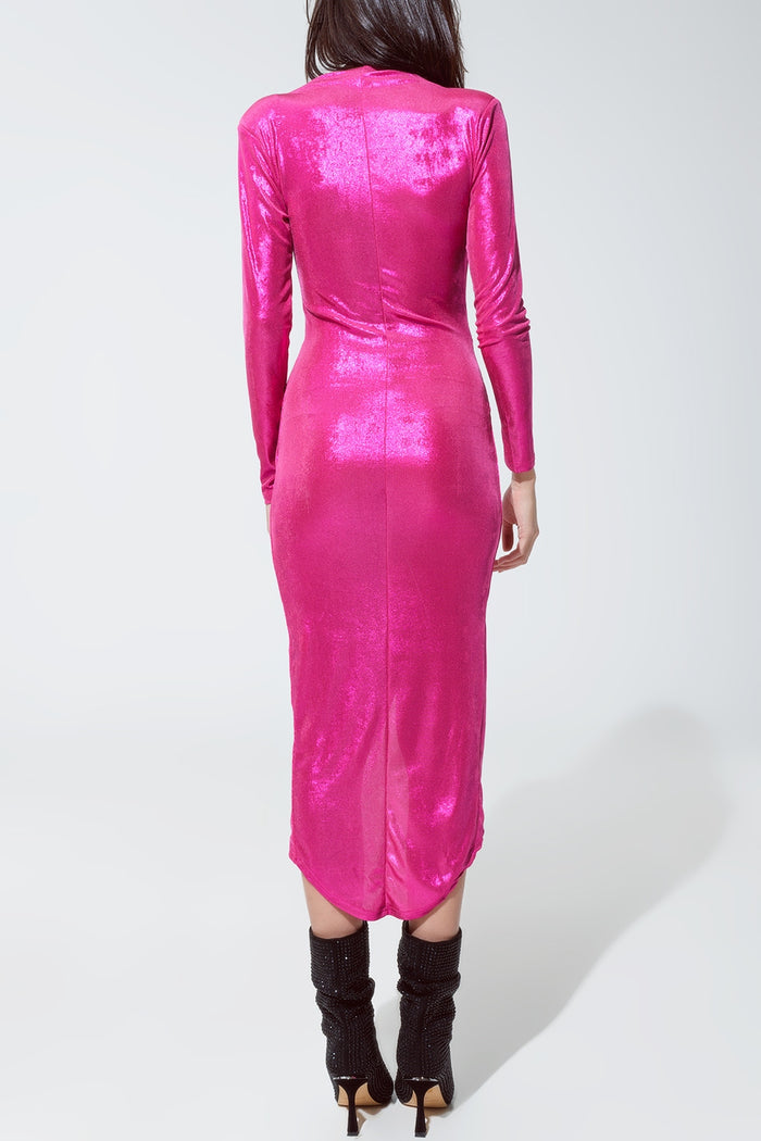 Wrapped Party Dress With Plunge Neckline in Metallic Pink - dress