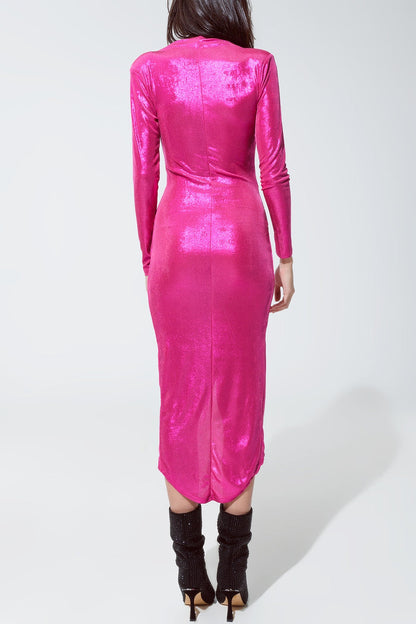 Wrapped Party Dress With Plunge Neckline in Metallic Pink - dress