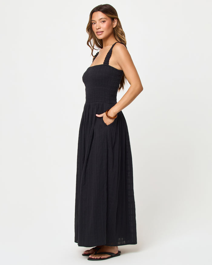 LSPACE Wren Maxi in black, three-quarter view on model.