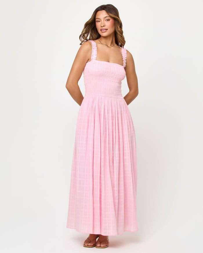 LSPACE Wren Maxi in rosewater, front view on model.
