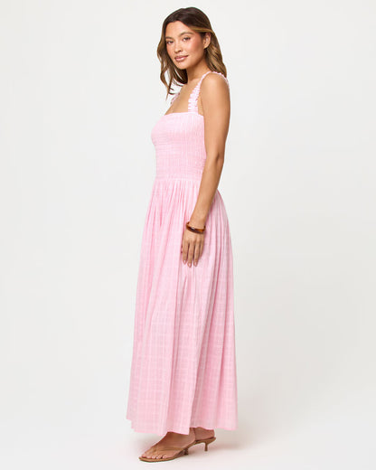 LSPACE Wren Maxi in rosewater, three-quarter view on model.
