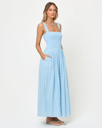 LSPACE Wren Maxi in sky blue, three-quarter view on model.