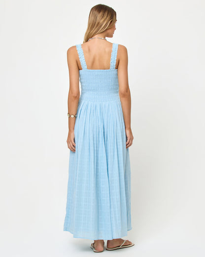 LSPACE Wren Maxi in sky blue, back view on model.
