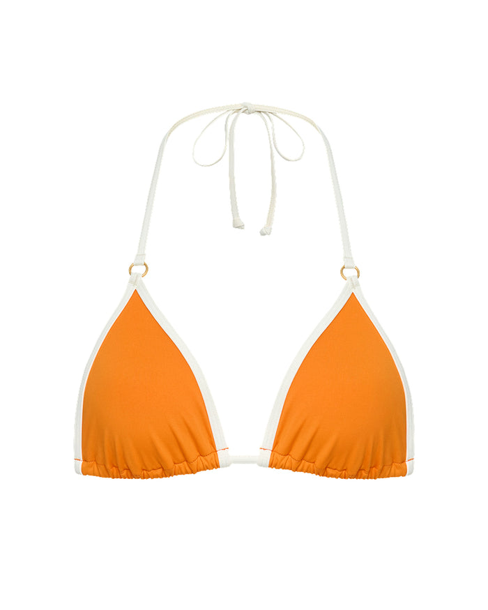 Off-model flat lay of the LSPACE x The Salty Blonde Citron-Cream Banning Bikini Top triangle style with cream halter ties and contrast cream trim.