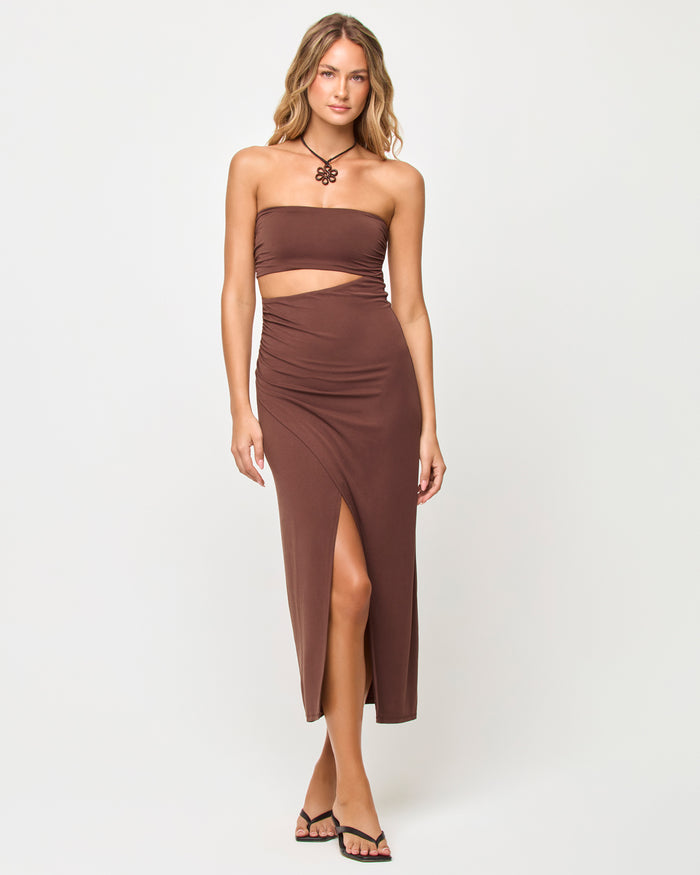 Front view of model wearing the LSPACE x The Salty Blonde Corsica Dress in espresso.