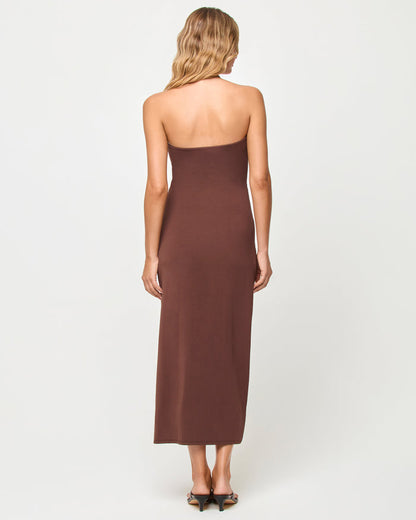 Back view of model wearing the LSPACE x The Salty Blonde Corsica Dress in espresso.
