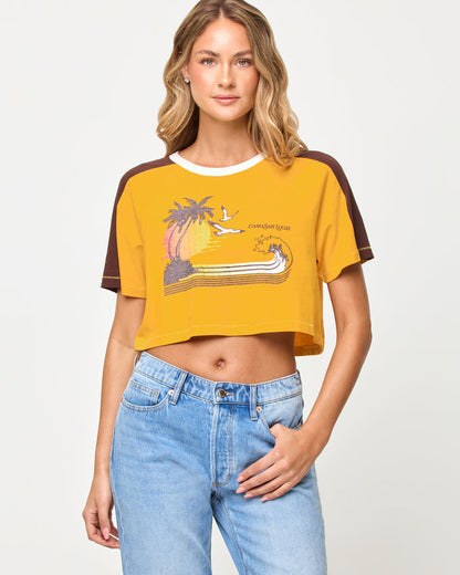 Close-up of the LSPACE x The Salty Blonde Costa Crop Top in cabo sunset showing the neckline and cropped silhouette.
