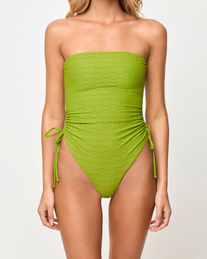 Close-up front view of a model wearing the LSPACE x The Salty Blonde Verdant Elise One Piece Swimsuit.