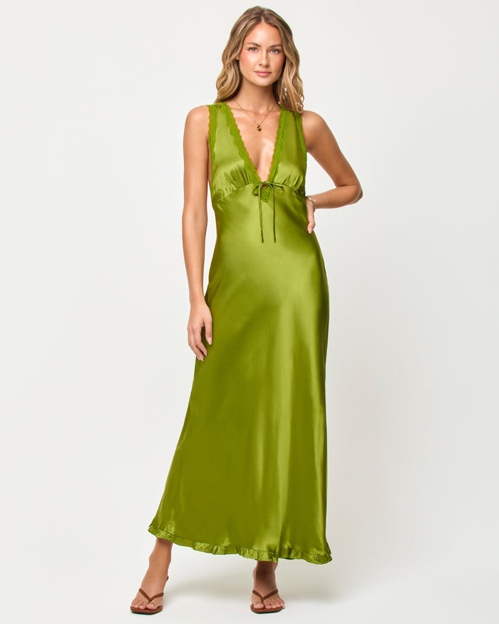 Front view of model wearing the LSPACE x The Salty Blonde Eyes On You Maxi in verdant, a green maxi dress.