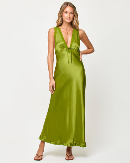 Front view of model wearing the LSPACE x The Salty Blonde Eyes On You Maxi in verdant, a green maxi dress.