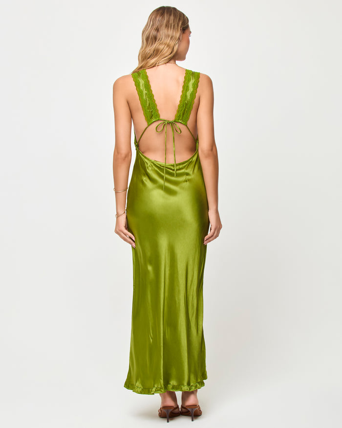 Back view of model wearing the LSPACE x The Salty Blonde Eyes On You Maxi in verdant.