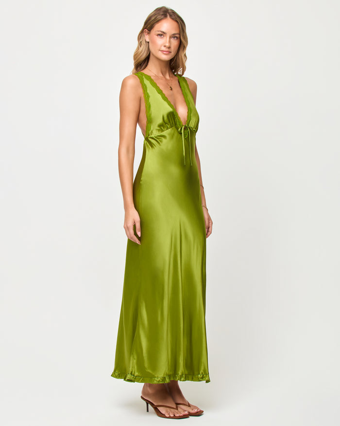 Side view of model wearing the LSPACE x The Salty Blonde Eyes On You Maxi in verdant.